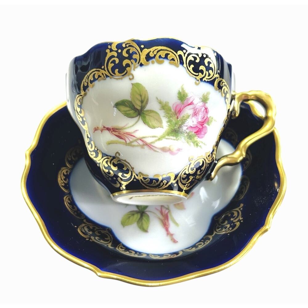 Vintage Lindner Bavaria Demitasse Cup Saucer Cobalt Gold Moss Rose Read - Picture 2 of 11